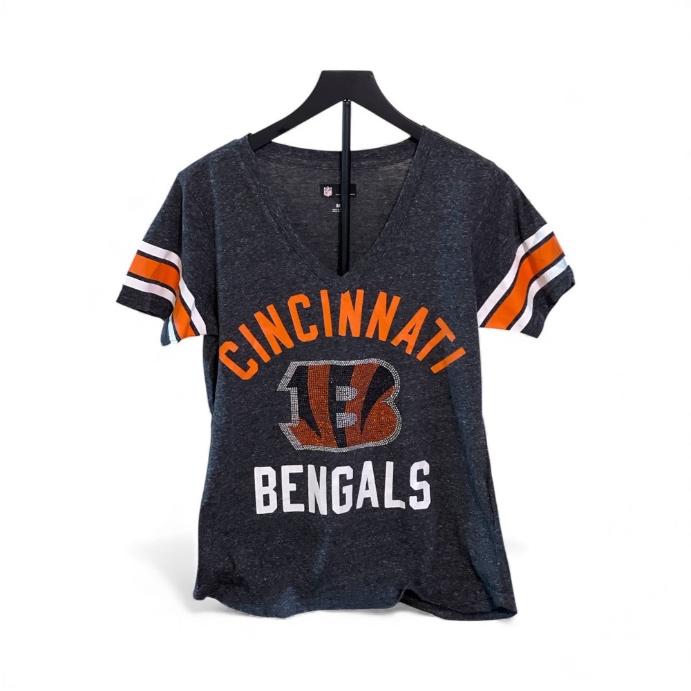 NFL Cincinnati Bengals Women's V Neck T Shirt Sparkle Logo Orange White Size M - Picture 7 of 13